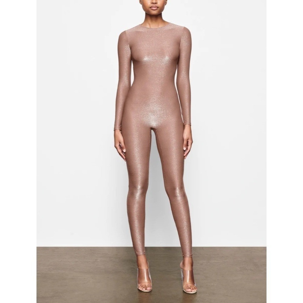 Skims Shimmer Catsuit Long‎ Sleeve Jumpsuit Metallic Umber Gold Medium NWT